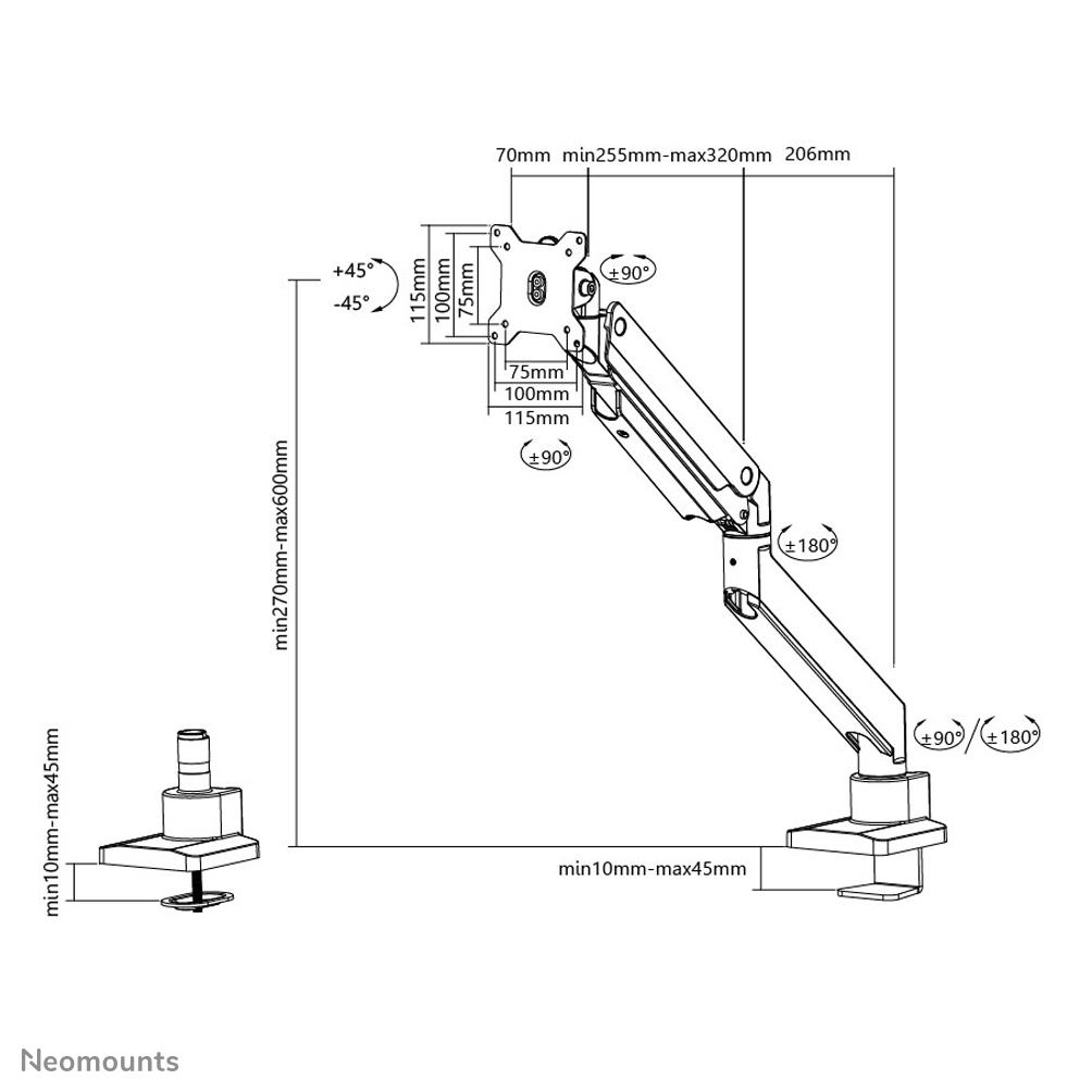 Neomounts NM-D775SILVERPLUS Support d'écran à fixer 10-49" - ressort à gaz - Topfix - arrêt 180°